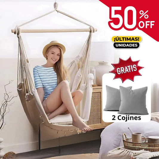 ✨ Hamaca Silla Super Premium + 2 Cojines Gratis 🎁  ✨ Relájate como te lo mereces… en tu rincón favorito del hogar 😍